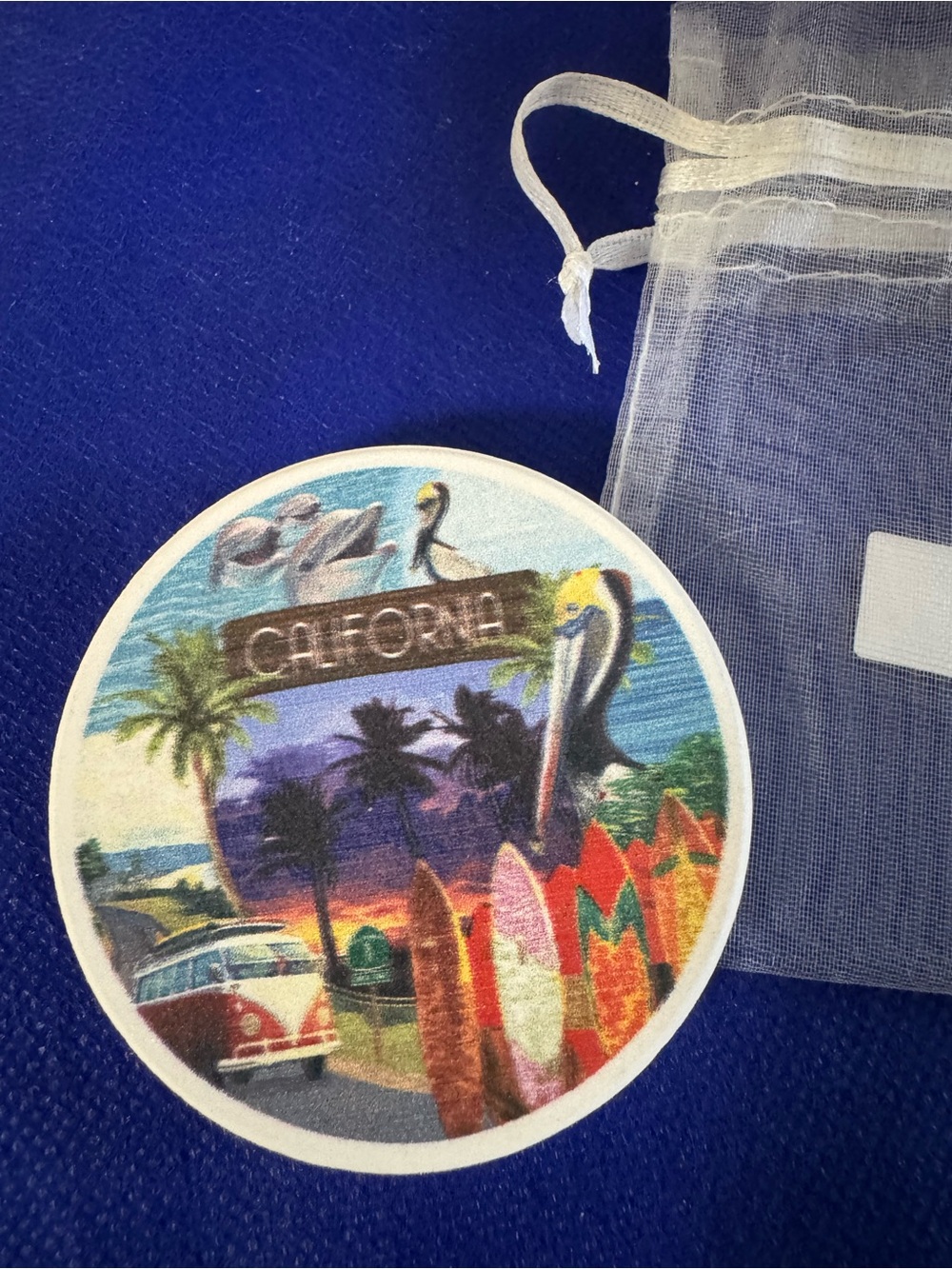 California on my mind Round Patch car coaster souvenir - NWT comes in mesh pouch